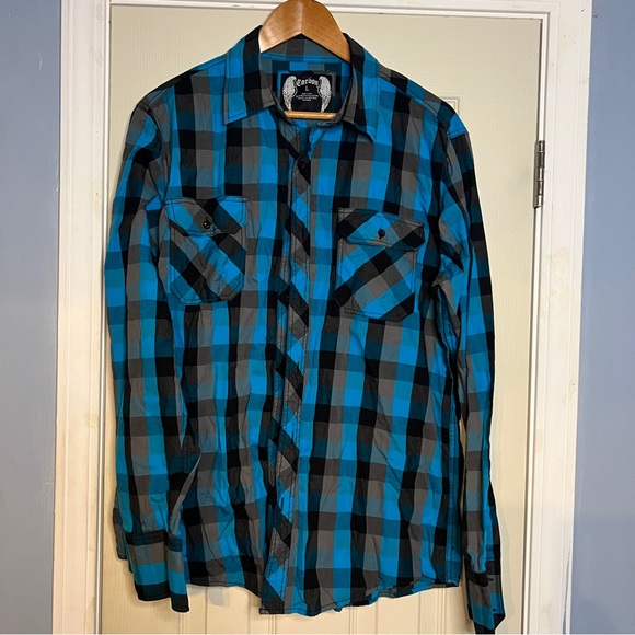 EUC Carbon Men's Long Sleeve Blue Flannel Button Up Sz L 100% Cotton - Picture 1 of 4